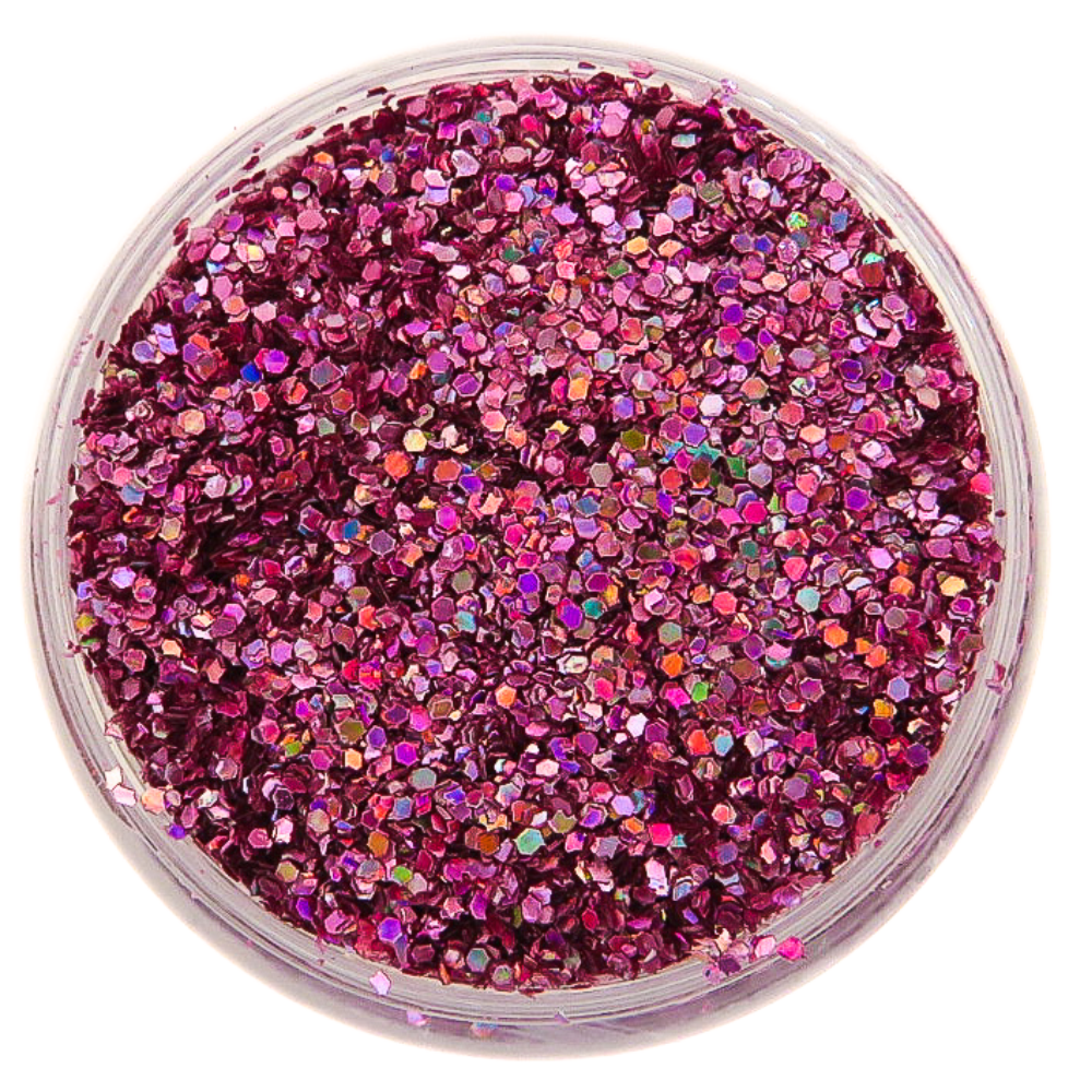 Pink holographic festival glitter in standard size.