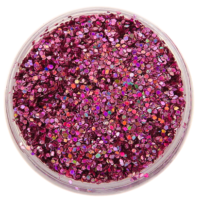 Pink holographic festival glitter in standard size.